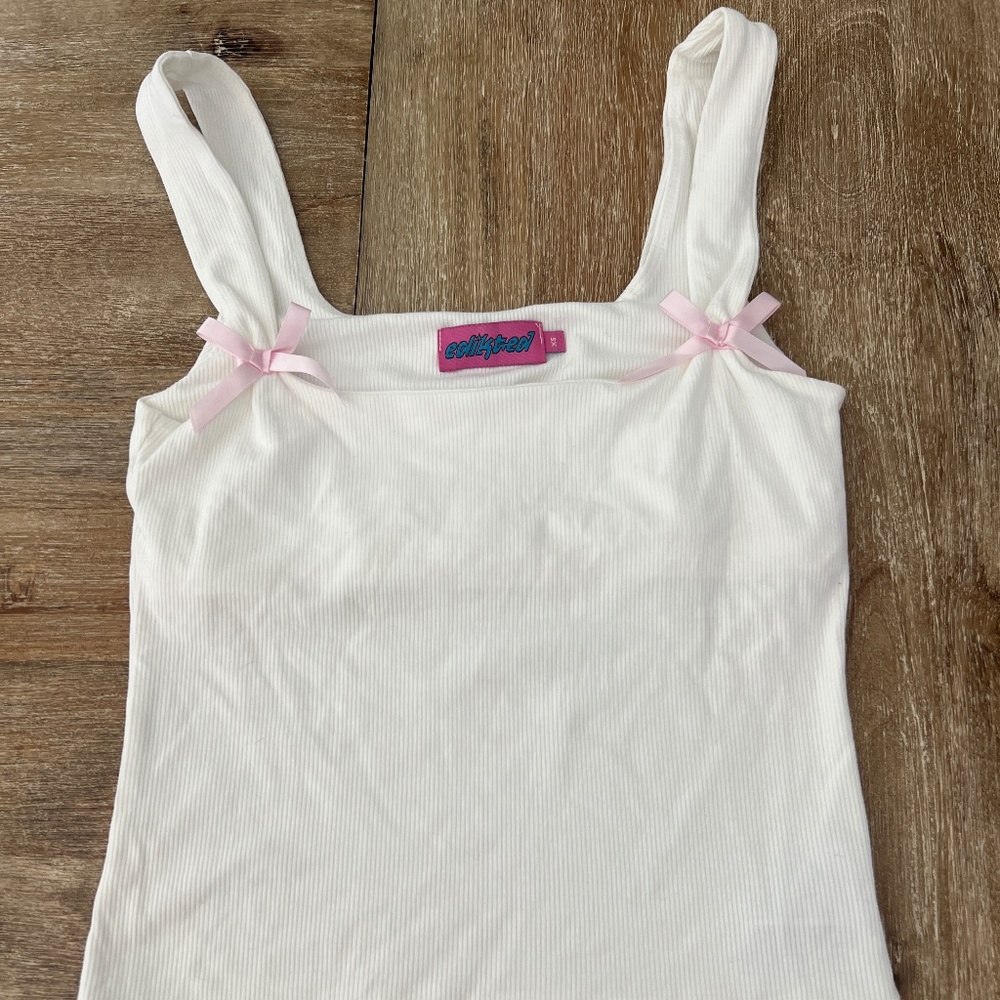 Edikted Lola Bow Strap Ribbed Shelf Bra Crop White Tank Top XS Coquette